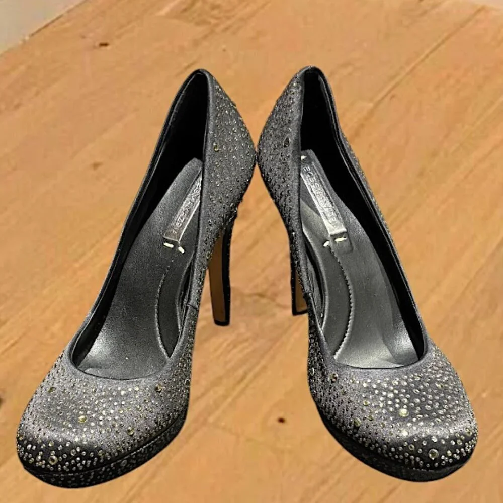 BCBG Black Satin and Pale Gold Studded Platform Heels Shoes Size 10